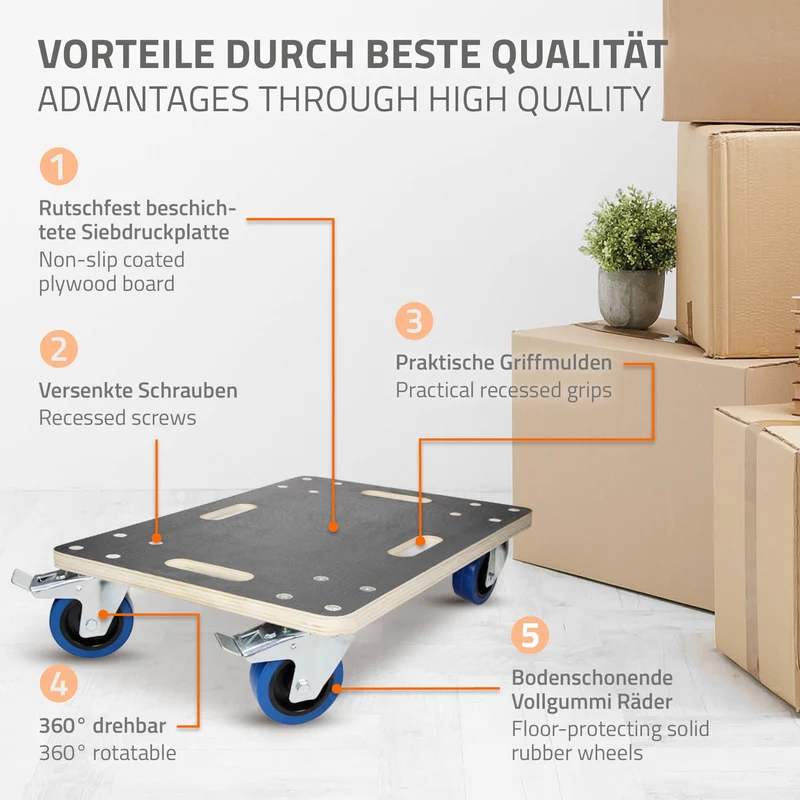 Rollbrett Möbelroller 35 x 50 cm aus Multiplex mit Feststellbremsen Traglast 800 kg