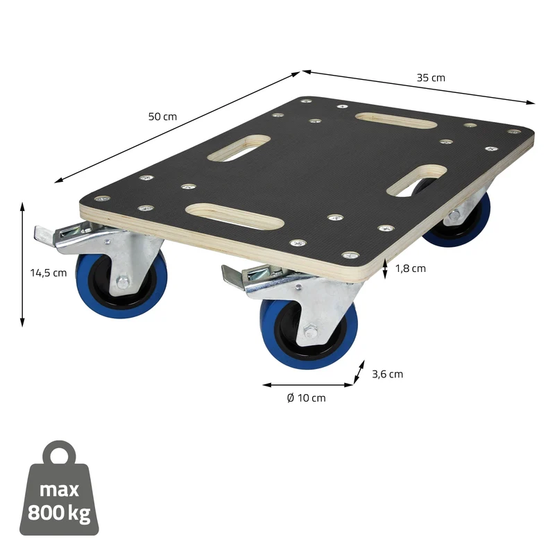 Rollbrett Möbelroller 35 x 50 cm aus Multiplex mit Feststellbremsen Traglast 800 kg