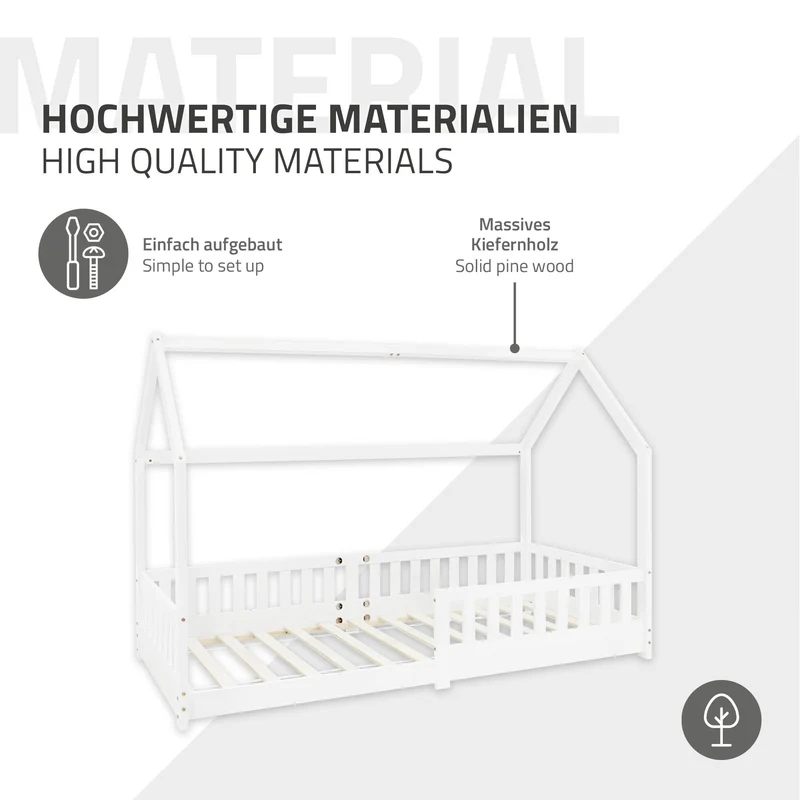 Kinderbett Hausbett 90x200 cm Weiß aus Kiefernholz mit Rausfallschutz Dach und Lattenrost Holzbett ML-Design