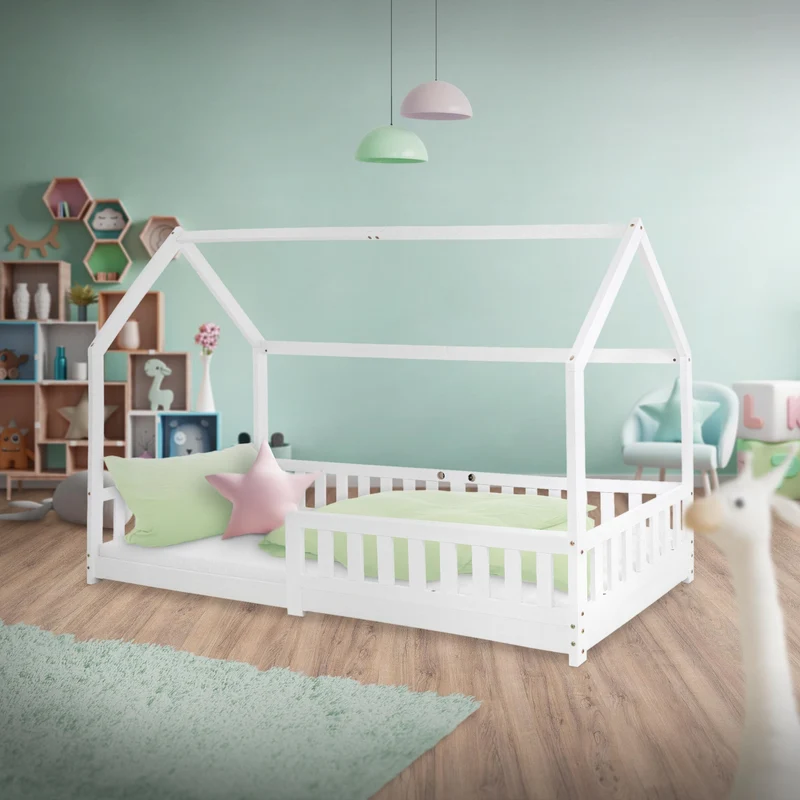 Kinderbett Hausbett 90x200 cm Weiß aus Kiefernholz mit Rausfallschutz Dach und Lattenrost Holzbett ML-Design
