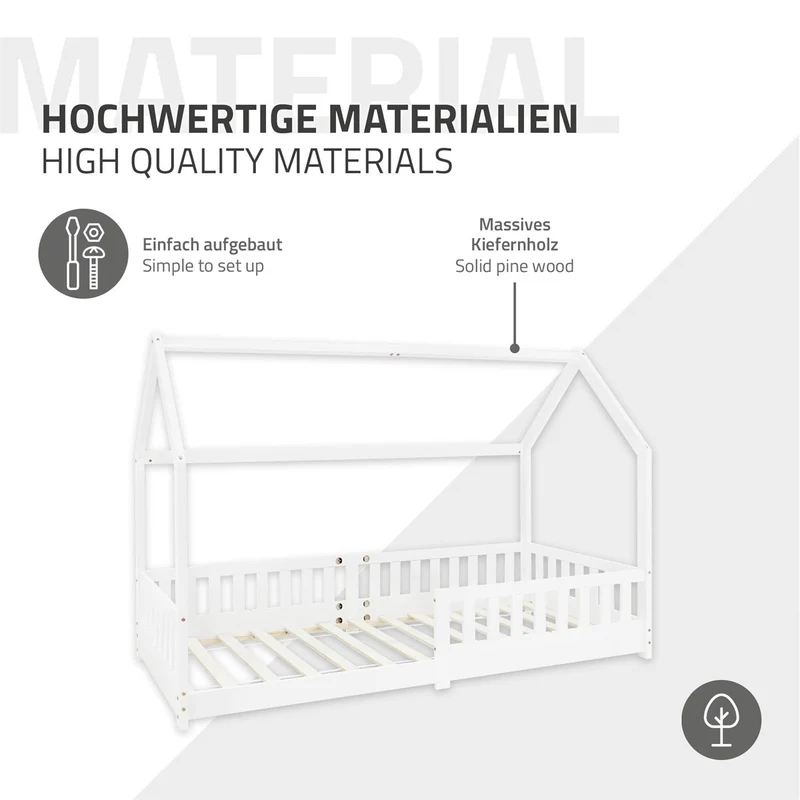 Kinderbett Hausbett 90x200 cm Weiß aus Kiefernholz inkl. Matratze H-10cm Rausfallschutz Dach und Lattenrost ML-Design