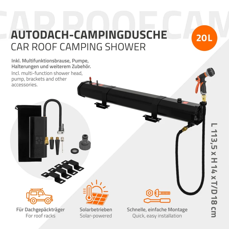 ML-Design | Camping-Solardusche fürs Autodach mit Drucksystem, Tragbare, Solarbeheizte Campingdusche für SUV & Offroad