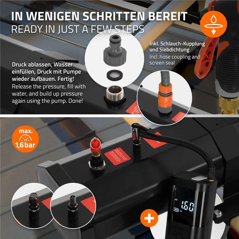 ML-Design | Camping-Solardusche fürs Autodach mit Drucksystem, Tragbare, Solarbeheizte Campingdusche für SUV & Offroad