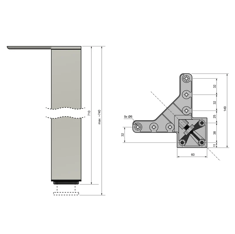 Quadratisches Tischbein 71 cm hoch - Aluminium, ZnAl Montageplatte