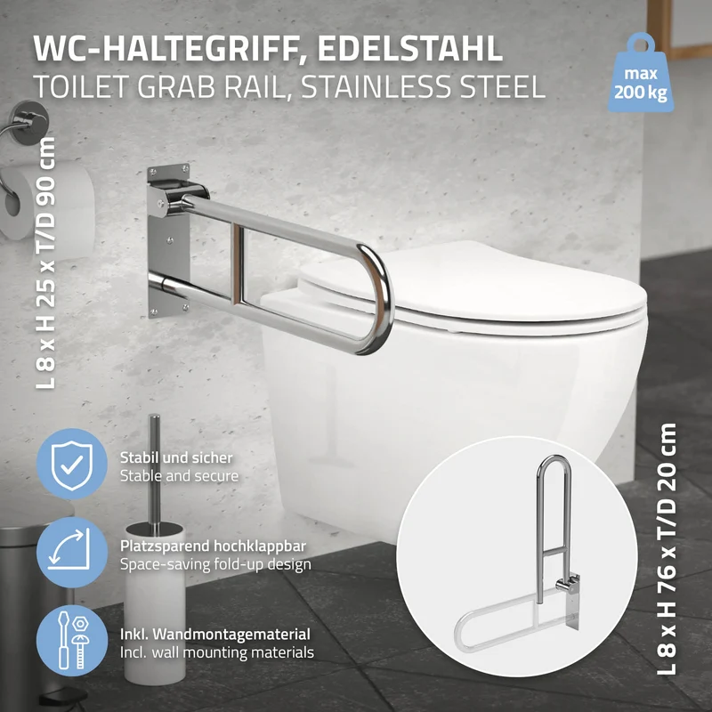 WC Haltegriff für Senioren & Behinderten aus Edelstahl 60 cm klappbar Aufstehhilfe Stützgriff bis 200 kg ML-Design