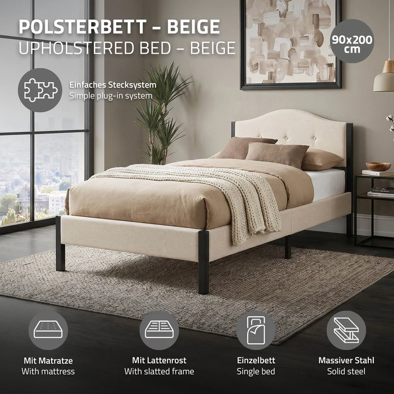 Polsterbett 90x200 cm mit Matratze H:10cm, Beige, Einzelbett mit stabilem Bettgestell, Bett mit gepolstertes Kopfteil & Lattenrost, Jugendbett ML-Design