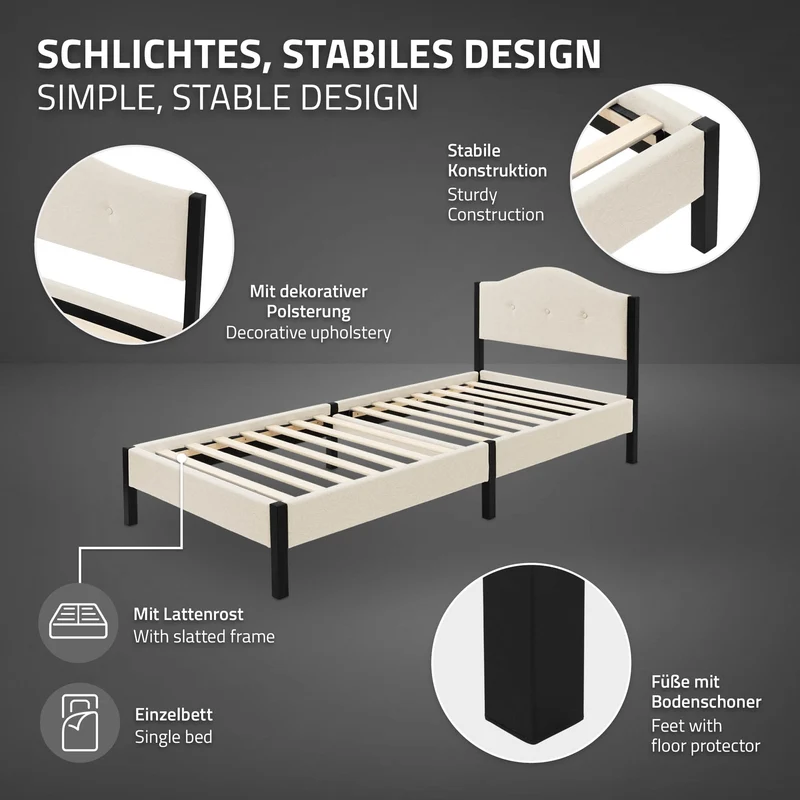 Polsterbett 90x200 cm mit Matratze H:10cm, Beige, Einzelbett mit stabilem Bettgestell, Bett mit gepolstertes Kopfteil & Lattenrost, Jugendbett ML-Design