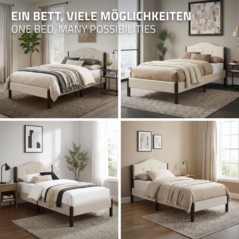 Polsterbett 90x200 cm mit Matratze H:10cm, Beige, Einzelbett mit stabilem Bettgestell, Bett mit gepolstertes Kopfteil & Lattenrost, Jugendbett ML-Design