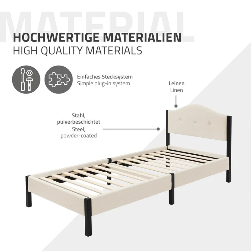 Polsterbett 90x200 cm mit Matratze H:10cm, Beige, Einzelbett mit stabilem Bettgestell, Bett mit gepolstertes Kopfteil & Lattenrost, Jugendbett ML-Design