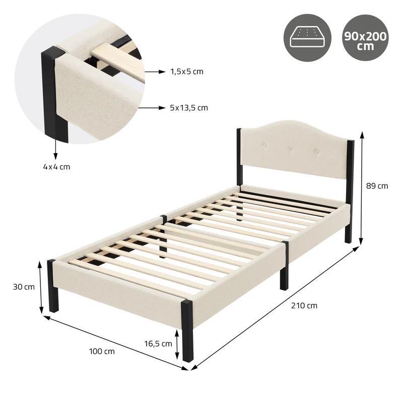 Polsterbett 90x200 cm mit Matratze H:10cm, Beige, Einzelbett mit stabilem Bettgestell, Bett mit gepolstertes Kopfteil & Lattenrost, Jugendbett ML-Design