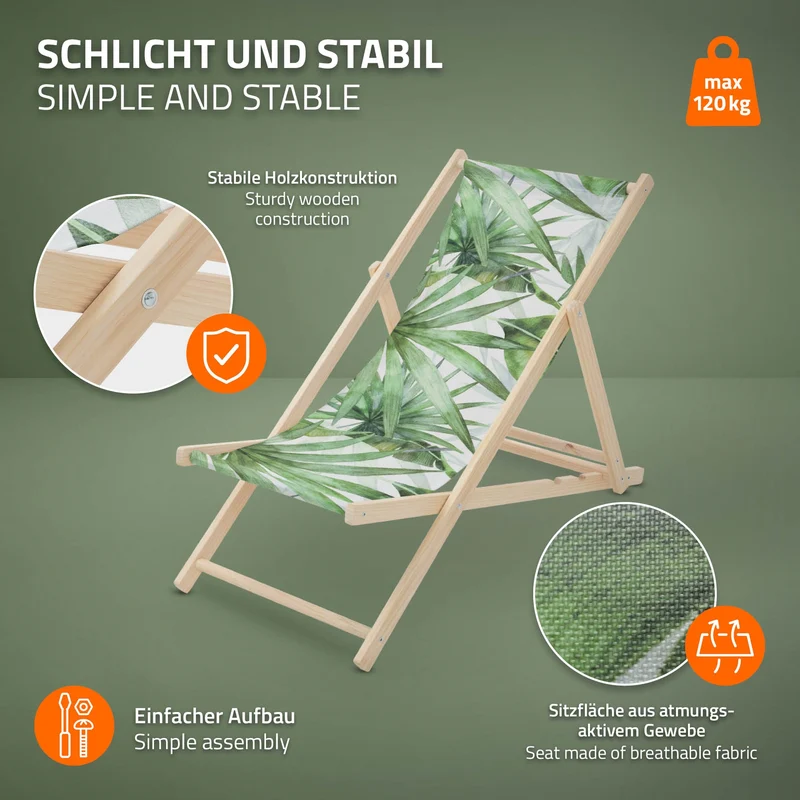 B-Ware Gartenliege aus Holz in Palme Grün-Weiß klappbarer Beachstuhl Strandstuhl Strandliege Liegestuhl Sonnenliege Relaxliege