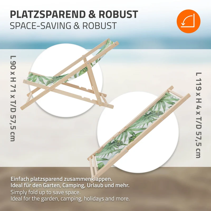 B-Ware Gartenliege aus Holz in Palme Grün-Weiß klappbarer Beachstuhl Strandstuhl Strandliege Liegestuhl Sonnenliege Relaxliege