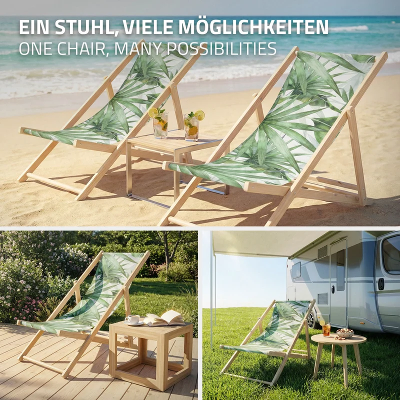 B-Ware Gartenliege aus Holz in Palme Grün-Weiß klappbarer Beachstuhl Strandstuhl Strandliege Liegestuhl Sonnenliege Relaxliege