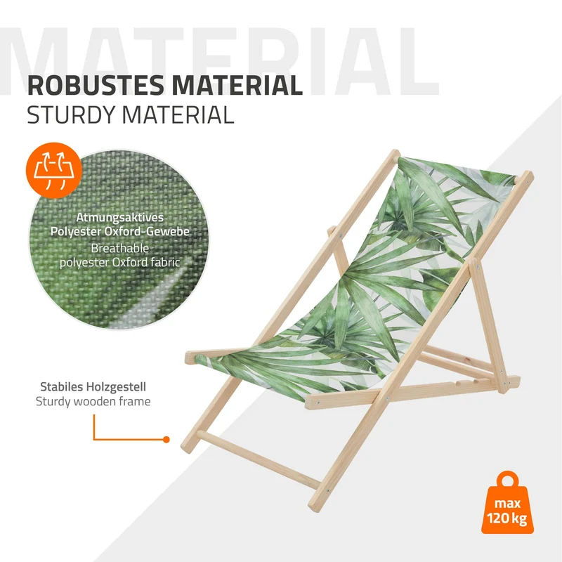 B-Ware Gartenliege aus Holz in Palme Grün-Weiß klappbarer Beachstuhl Strandstuhl Strandliege Liegestuhl Sonnenliege Relaxliege