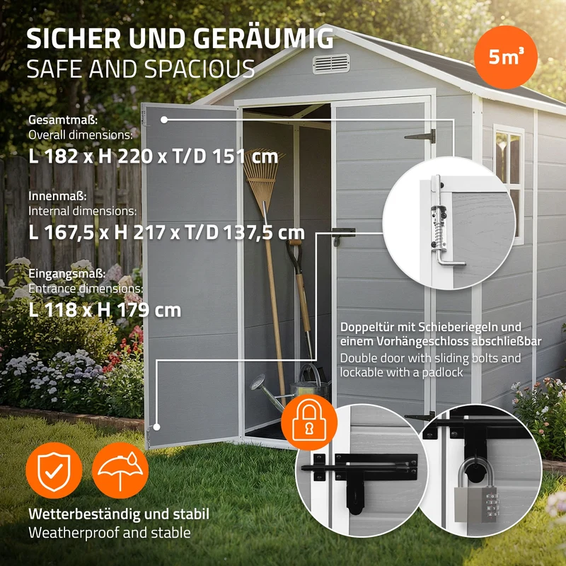 ECD Germany | Gartenhaus mit Boden & Satteldach 5m³, 151x182x220 cm, aus Kunststoff, Gerätehaus Geräteschuppen mit Fenster Doppeltüren