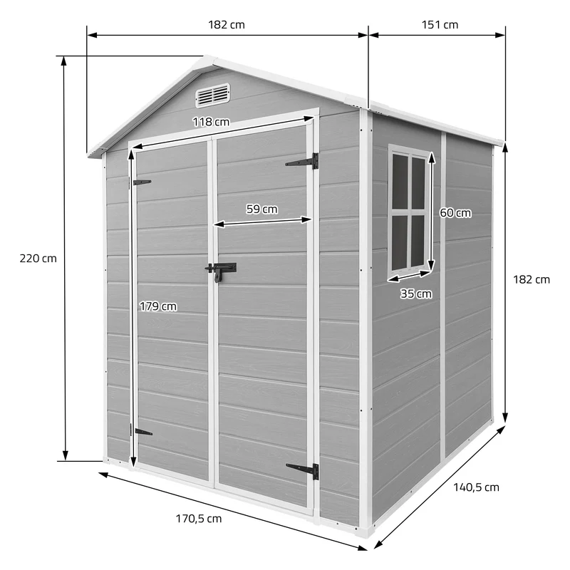 ECD Germany | Gartenhaus mit Boden & Satteldach 5m³, 151x182x220 cm, aus Kunststoff, Gerätehaus Geräteschuppen mit Fenster Doppeltüren