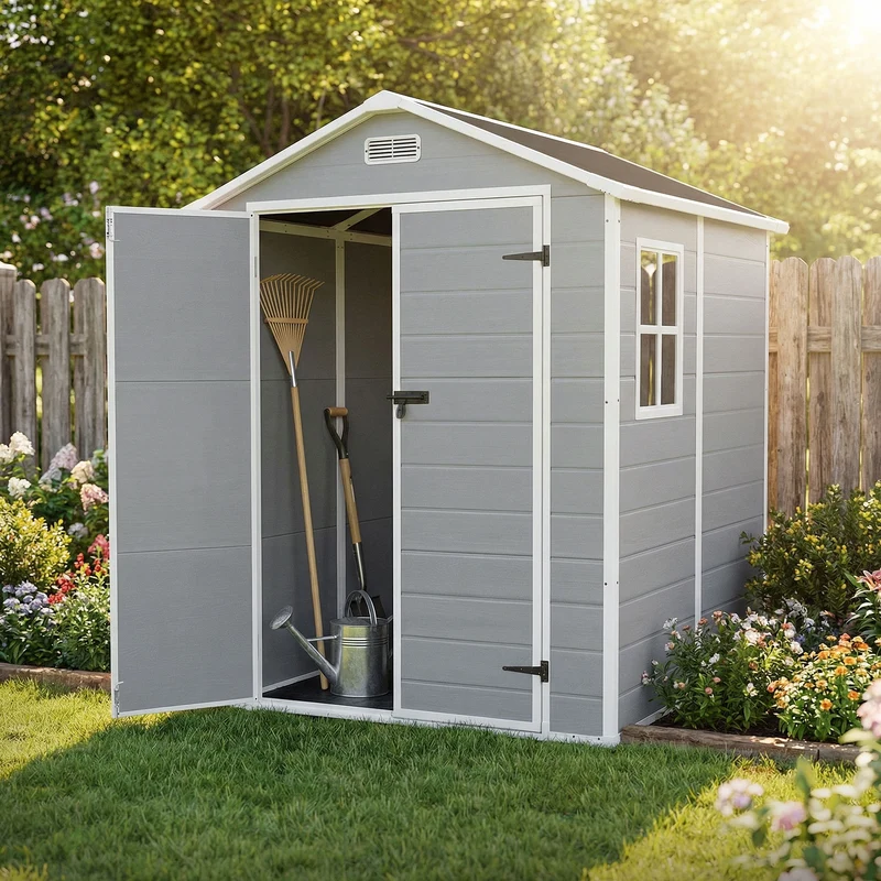 ECD Germany | Gartenhaus mit Boden & Satteldach 5m³, 151x182x220 cm, aus Kunststoff, Gerätehaus Geräteschuppen mit Fenster Doppeltüren