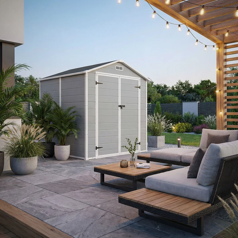 ECD Germany | Gartenhaus mit Boden & Satteldach 5m³, 151x182x220 cm, aus Kunststoff, Gerätehaus Geräteschuppen mit Fenster Doppeltüren