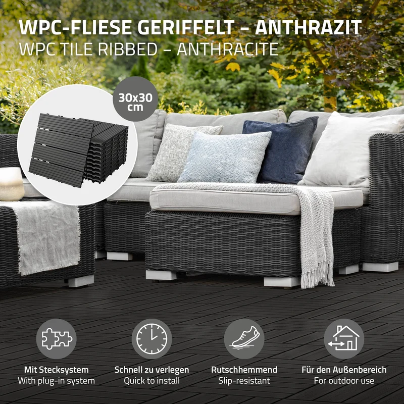 B-Ware 1m² 11 Stück WPC Terrassenfliesen 30x30 cm Anthrazit in Holzoptik Balkon Bodenbelag mit Drainage und Klicksystem Terrassendielen Balkonfliesen
