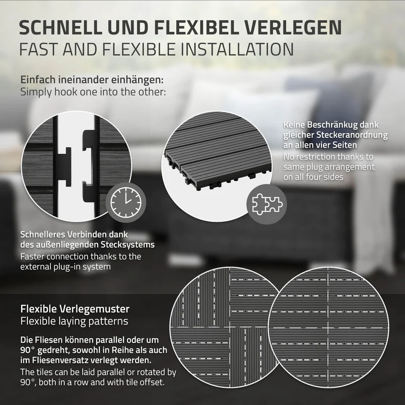B-Ware 1m² 11 Stück WPC Terrassenfliesen 30x30 cm Anthrazit in Holzoptik Balkon Bodenbelag mit Drainage und Klicksystem Terrassendielen Balkonfliesen