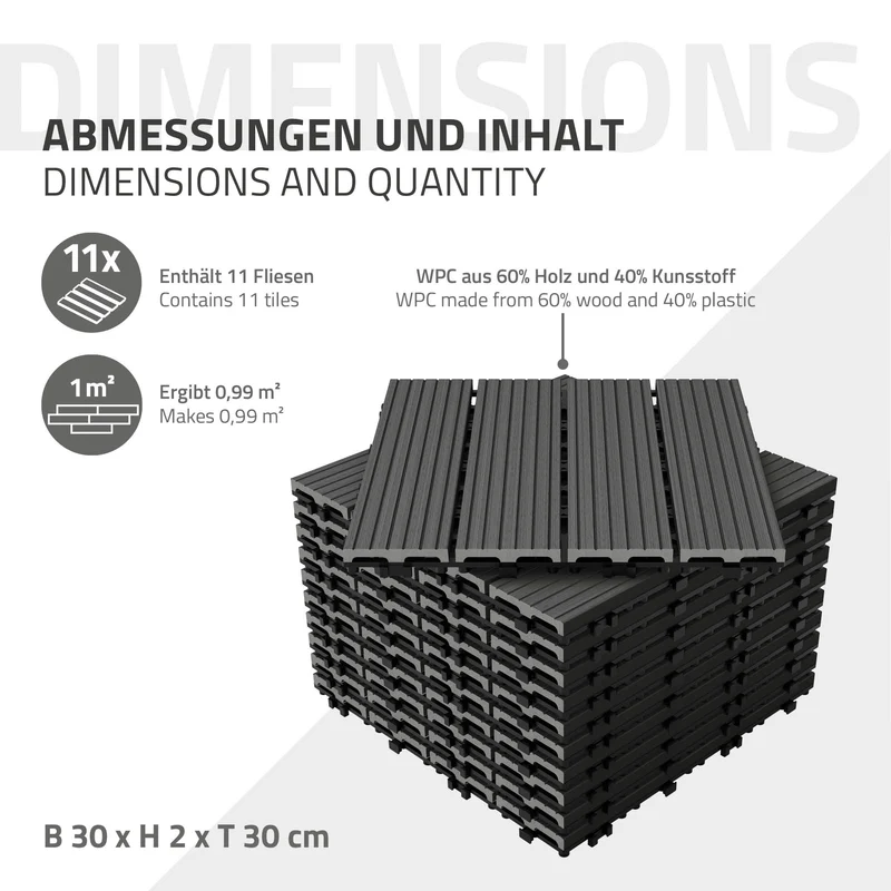 B-Ware 1m² 11 Stück WPC Terrassenfliesen 30x30 cm Anthrazit in Holzoptik Balkon Bodenbelag mit Drainage und Klicksystem Terrassendielen Balkonfliesen
