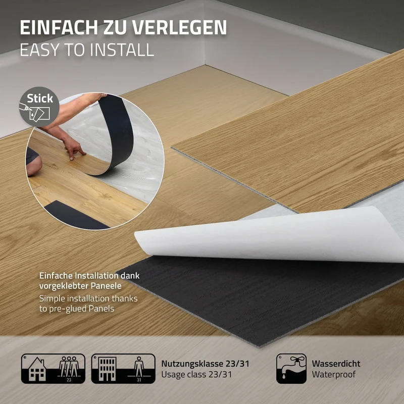 4x Deluxe PVC Klebevinylboden für 2,23 m² Natur Eiche 2 mm dick ML-Design