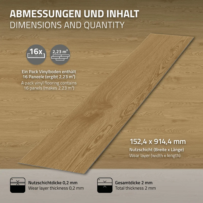 4x Deluxe PVC Klebevinylboden für 2,23 m² Natur Eiche 2 mm dick ML-Design