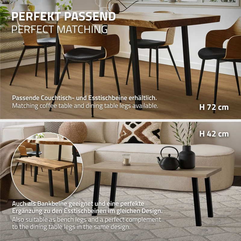 4er Set Tischbeine schräg H30 cm Schwarz glänzend aus pulverbeschichtetem Stahl eckig Profil 4x4 cm I-Form ML-Design