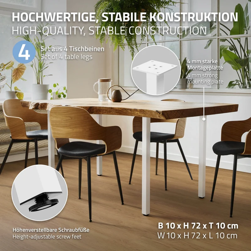 4er Set Tischbeine I-Design 72 cm Weiß glänzend Tischgestell aus pulverbeschichteter Stahl, Profil 4x4 cm, höhenverstellbare Möbelfüße ML-Design