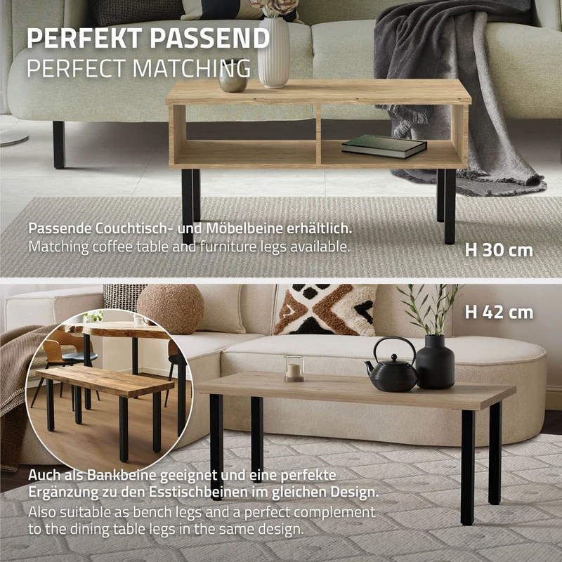 4er Set Tischbeine I-Design 72 cm Schwarz Tischgestell aus pulverbeschichteter Stahl, Profil 4x4 cm, höhenverstellbare Möbelfüße ML-Design