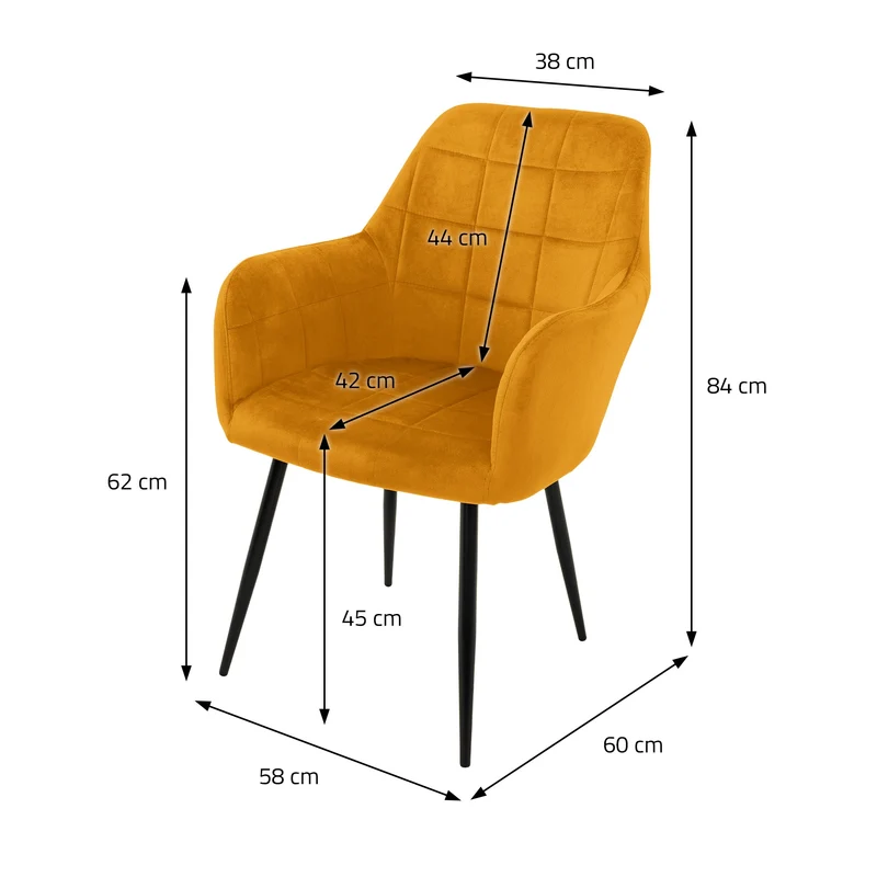 4er Set Esszimmerstühle mit Rücken- & Armlehne Senf Samtbezug Quadrat Steppung mit Metallbeinen ML-Design