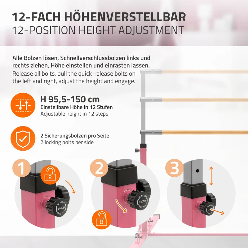 Gymnastik Turnreck faltbar, Pink, Gymnastikstange für Kinder, Reckstange höhenverstellbar 95,5-150 cm Hauki