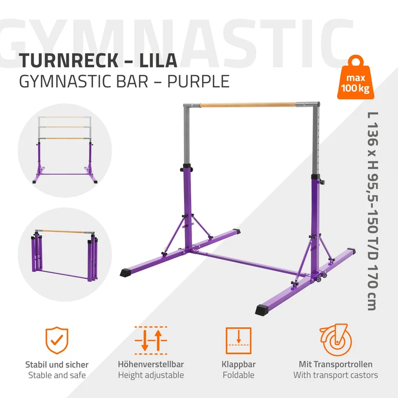 Gymnastik Turnreck faltbar, Lila, Gymnastikstange für Kinder, Reckstange höhenverstellbar 95,5-150 cm Hauki