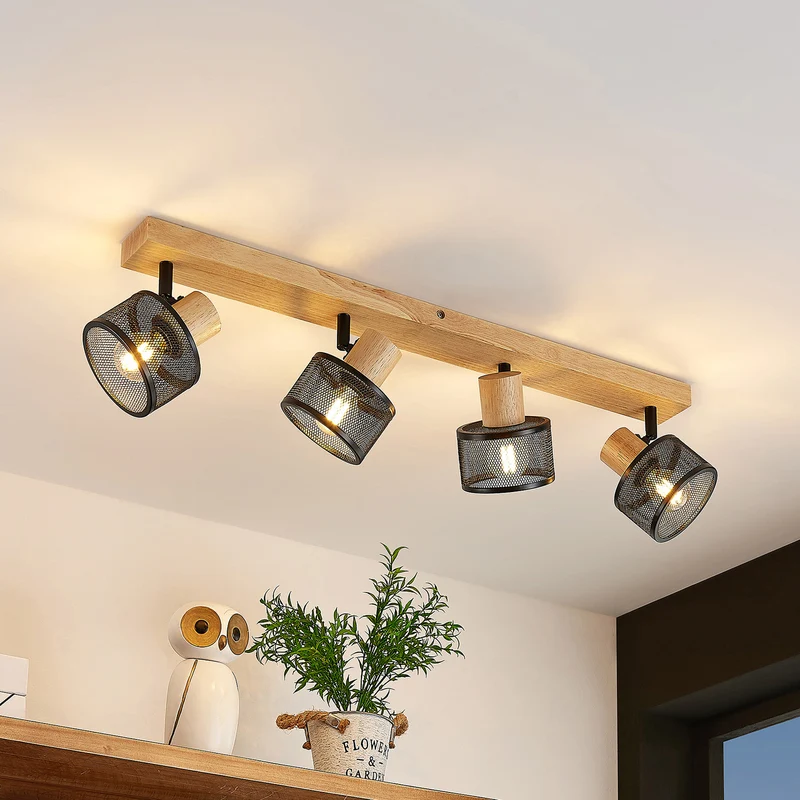 B-Ware Lindby Deckenstrahler Evinora 4-flg LED Strahler Lampe dimmbar schwarz Holz 77cm