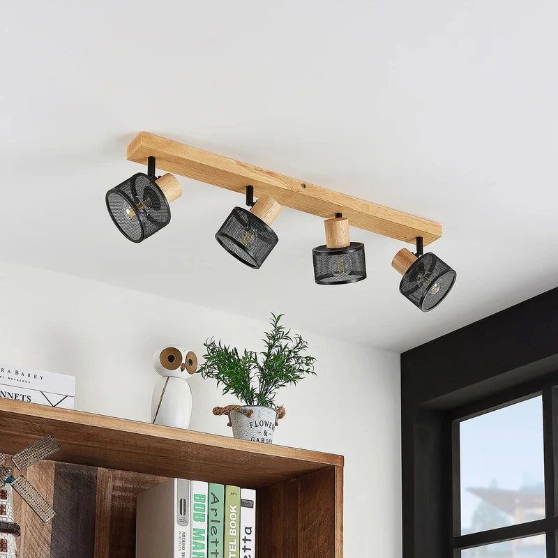 B-Ware Lindby Deckenstrahler Evinora 4-flg LED Strahler Lampe dimmbar schwarz Holz 77cm