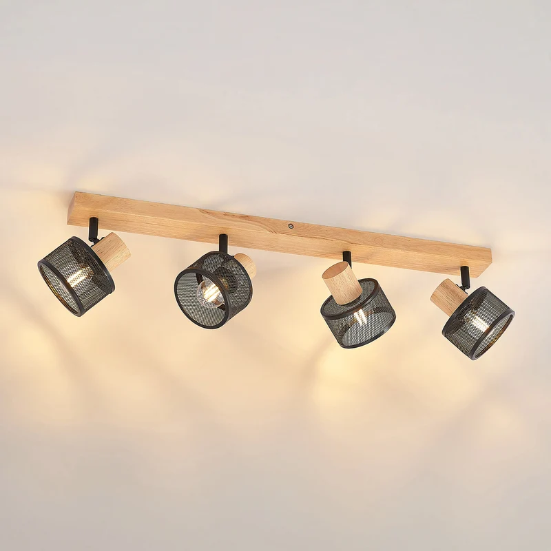 B-Ware Lindby Deckenstrahler Evinora 4-flg LED Strahler Lampe dimmbar schwarz Holz 77cm