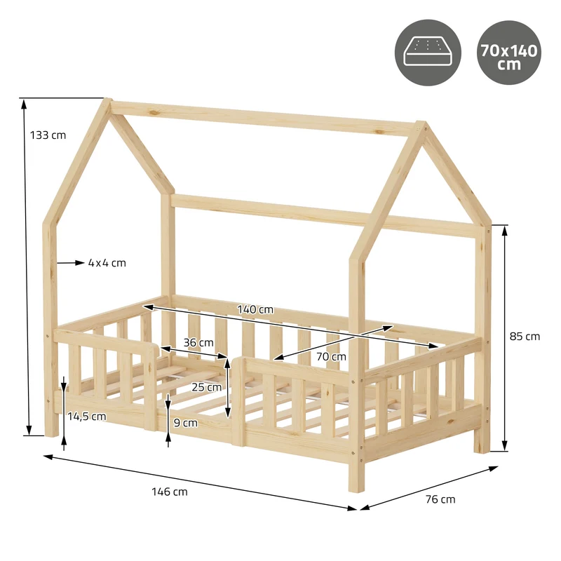 ML-DESIGN | Hausbett mit Rausfallschutz & Lattenrost, B-Ware 70x140cm Holz Natur Kinderbett & Montessori Bodenbett für Kleinkinder