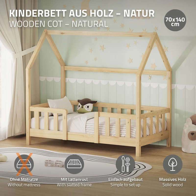 ML-DESIGN | Hausbett mit Rausfallschutz & Lattenrost, B-Ware 70x140cm Holz Natur Kinderbett & Montessori Bodenbett für Kleinkinder