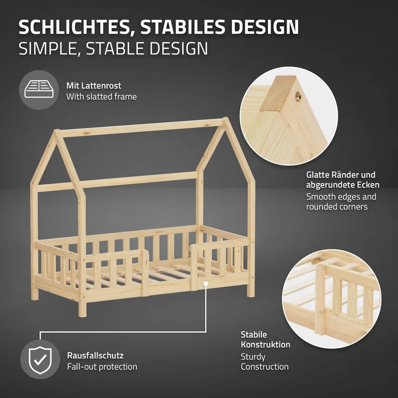ML-DESIGN | Hausbett mit Rausfallschutz & Lattenrost, B-Ware 70x140cm Holz Natur Kinderbett & Montessori Bodenbett für Kleinkinder