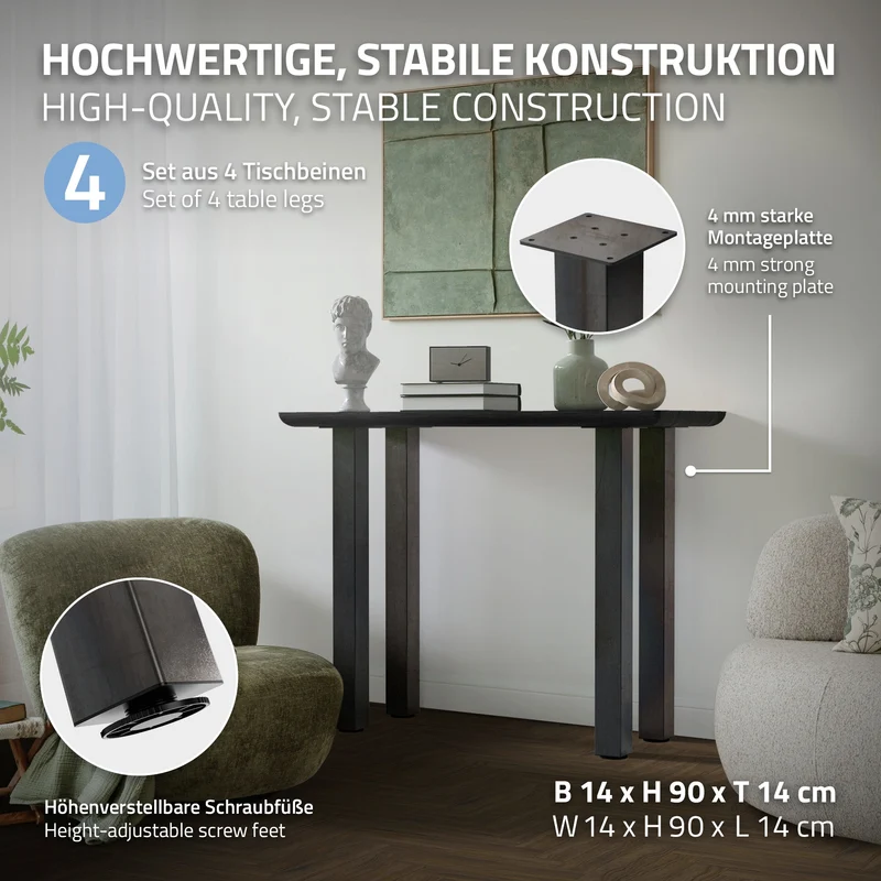 4er Set Tischbeine I-Design 90cm Industrial Tischgestell aus pulverbeschichteter Stahl, Profil 8x8cm, höhenverstellbare Möbelfüße ML-Design