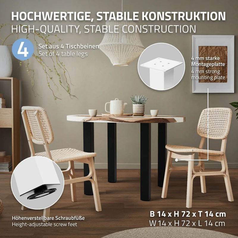 4er Set Tischbeine I-Design 72cm Weiß glänzend höhenverstellbare Tischgestell aus pulverbeschichteter Stahl, Profil 8x8cm, ML-Design