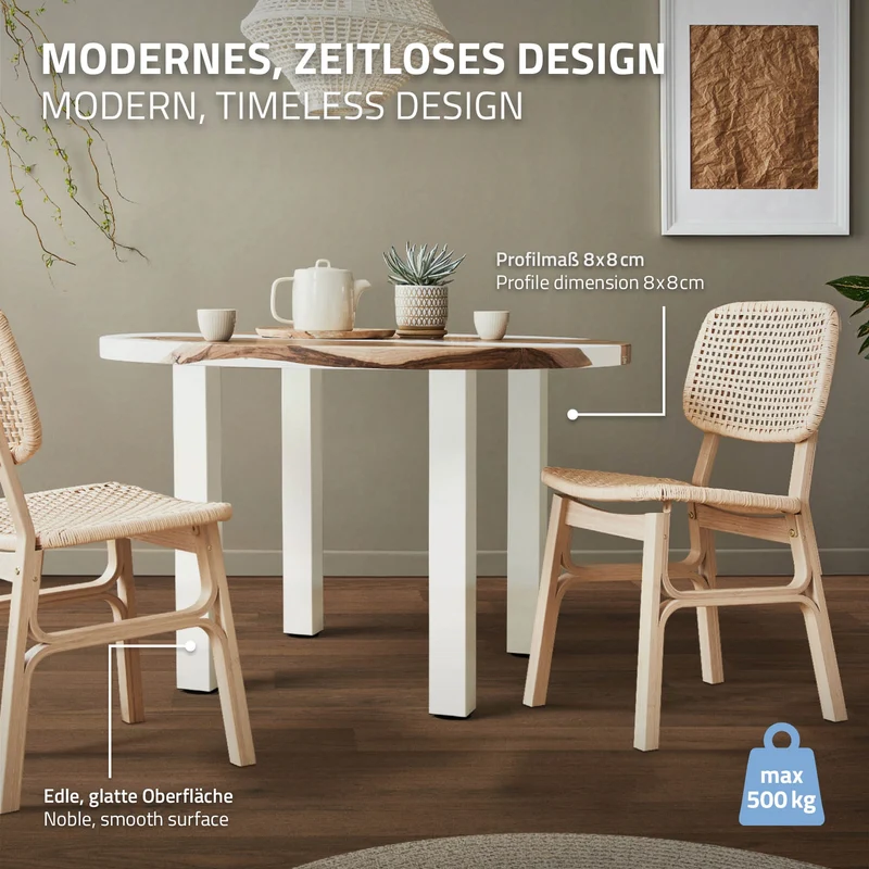 4er Set Tischbeine I-Design 72cm Weiß glänzend höhenverstellbare Tischgestell aus pulverbeschichteter Stahl, Profil 8x8cm, ML-Design