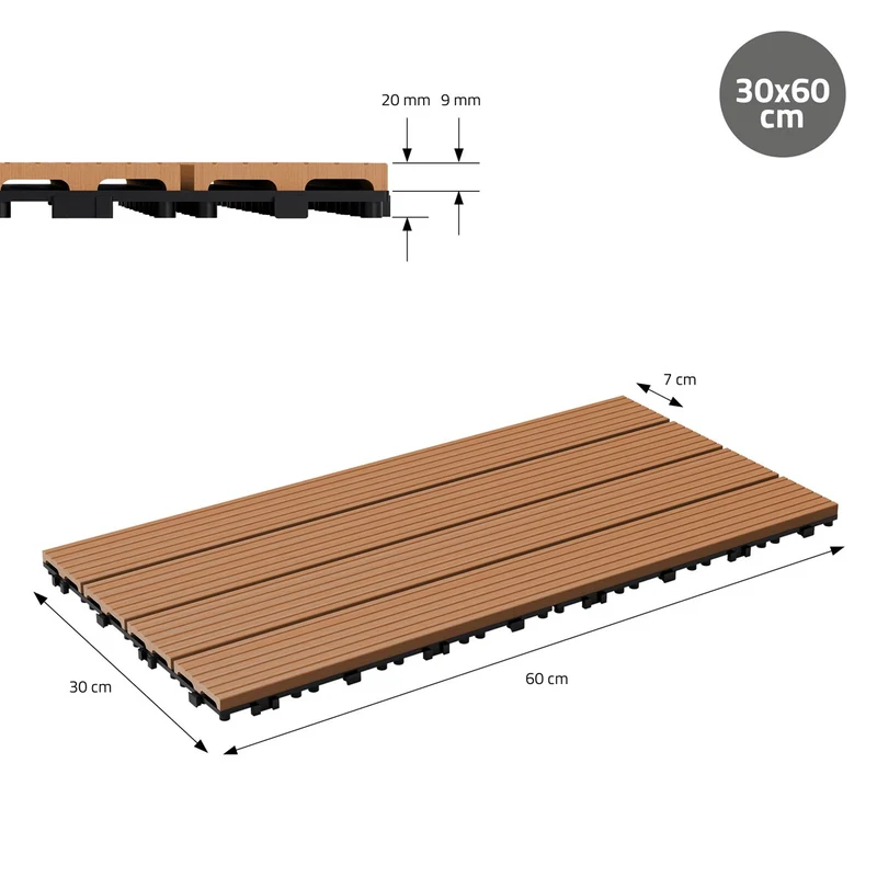 2m² 12 Stück WPC Terrassenfliesen 60x30 cm Hellbraun in Holzoptik Balkon Bodenbelag mit Drainage und Klicksystem Terrassendielen Balkonfliesen