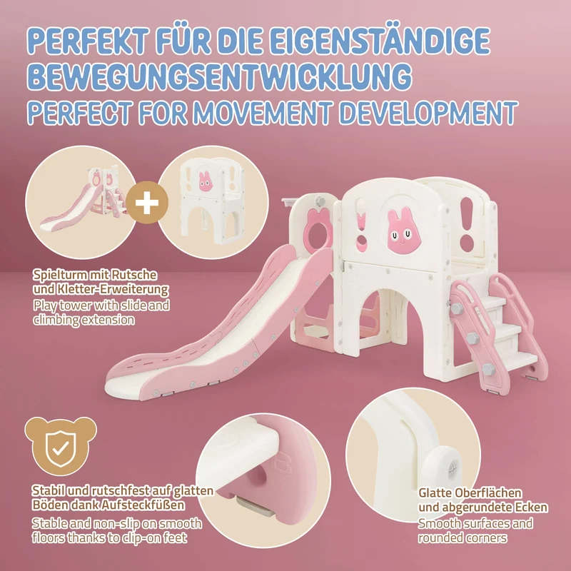 Kinderrutsche mit Spielturm Rosa-Weiß 5in1 mit Basketballkorb und Kletterwand Indoor/Outdoor für Kleinkinder ab 3 Jahren Joyz