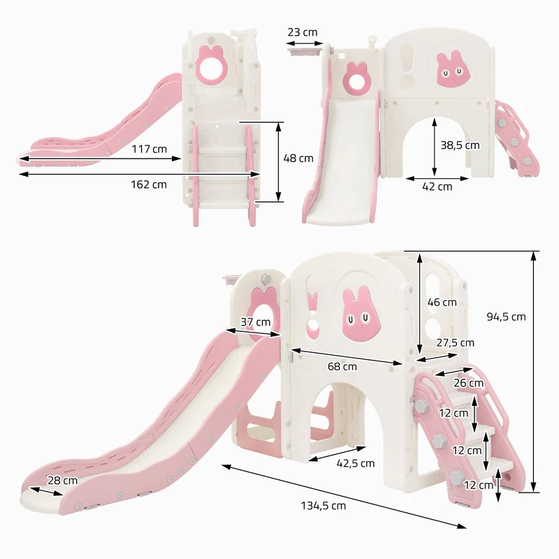 Kinderrutsche mit Spielturm Rosa-Weiß 5in1 mit Basketballkorb und Kletterwand Indoor/Outdoor für Kleinkinder ab 3 Jahren Joyz