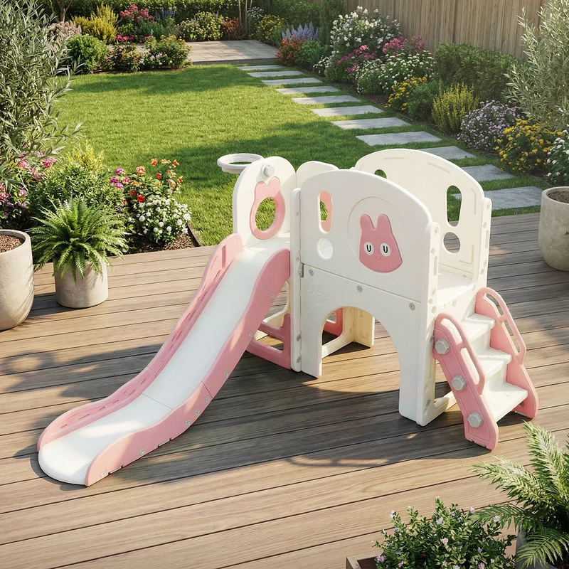 Kinderrutsche mit Spielturm Rosa-Weiß 5in1 mit Basketballkorb und Kletterwand Indoor/Outdoor für Kleinkinder ab 3 Jahren Joyz