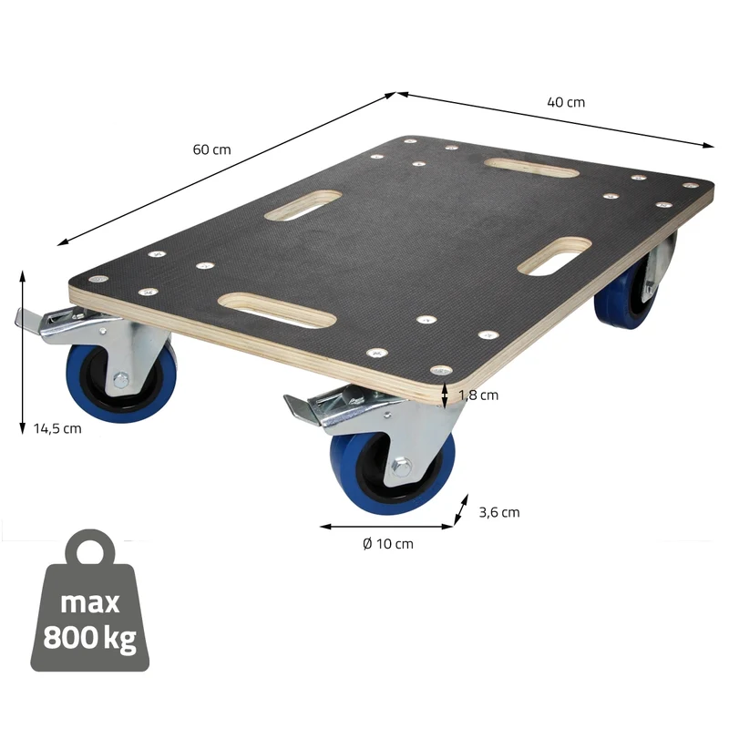2er Set Rollbrett Möbelroller 40 x 60 cm aus Multiplex mit Feststellbremsen Tragkraft 800 kg