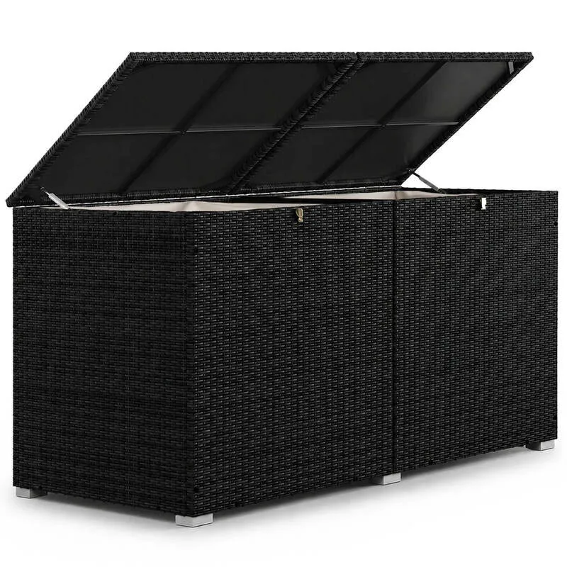 B-Ware Polyrattan Auflagenbox IkariaGartenbox 950 Liter Deckel und Innenplane Schwarz