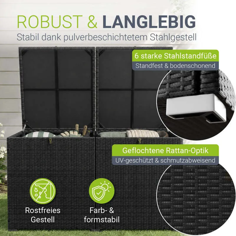 B-Ware Polyrattan Auflagenbox IkariaGartenbox 950 Liter Deckel und Innenplane Schwarz