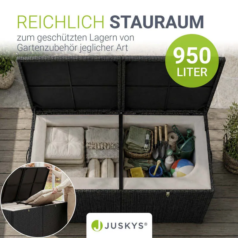 B-Ware Polyrattan Auflagenbox IkariaGartenbox 950 Liter Deckel und Innenplane Schwarz